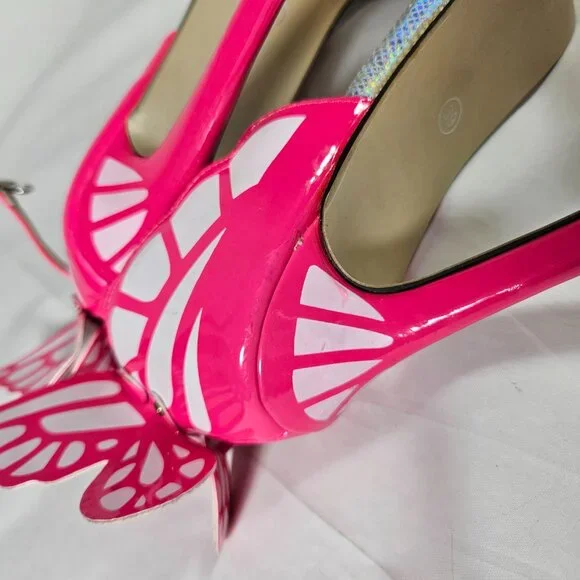 JOJO Cat Pink White Iridescent Sil Heels Women's Size 39 or 8.5 Prom Formal - Picture 9 of 10